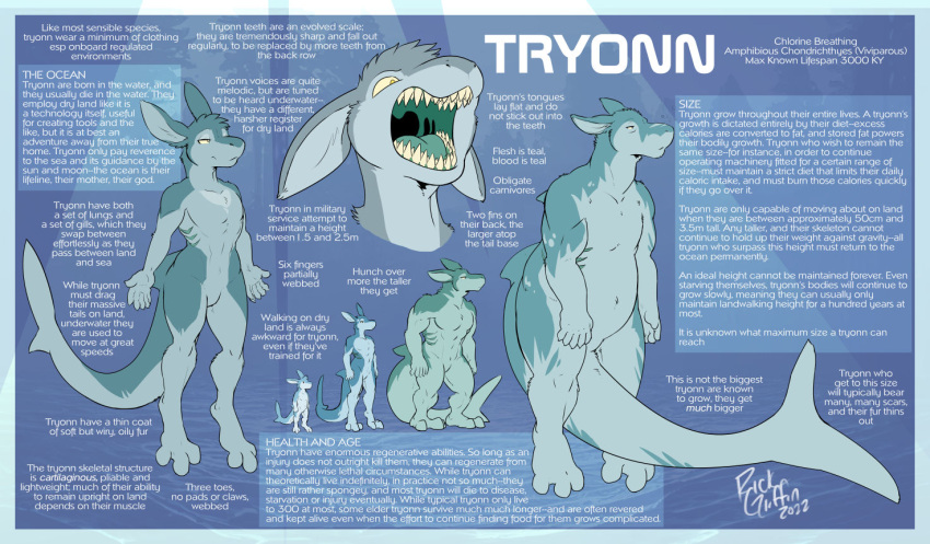 2022 ambiguous_gender anthro black_eyes blue_body blue_fur english_text fangs featureless_crotch floating fur furred_shark gills group model_sheet nude old open_mouth rick_griffin standing teeth text tongue tryonn young