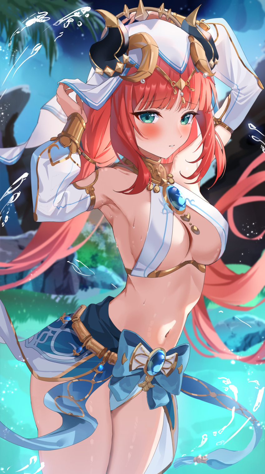 1girl absurdres aqua_eyes armpits arms_up blue_bow blue_skirt blue_sky blurry blurry_background blush bow breasts brooch circlet cleavage cowboy_shot crop_top detached_sleeves genshin_impact gold_trim harem_outfit highres horns jewelry long_hair long_sleeves looking_at_viewer medium_breasts navel neck_ring nilou_(genshin_impact) outdoors parted_lips puffy_long_sleeves puffy_sleeves red_hair revealing_clothes skirt sky solo stomach thighs veil vision_(genshin_impact) water wet white_sleeves yamamoto_(ymmt_is_sexy)