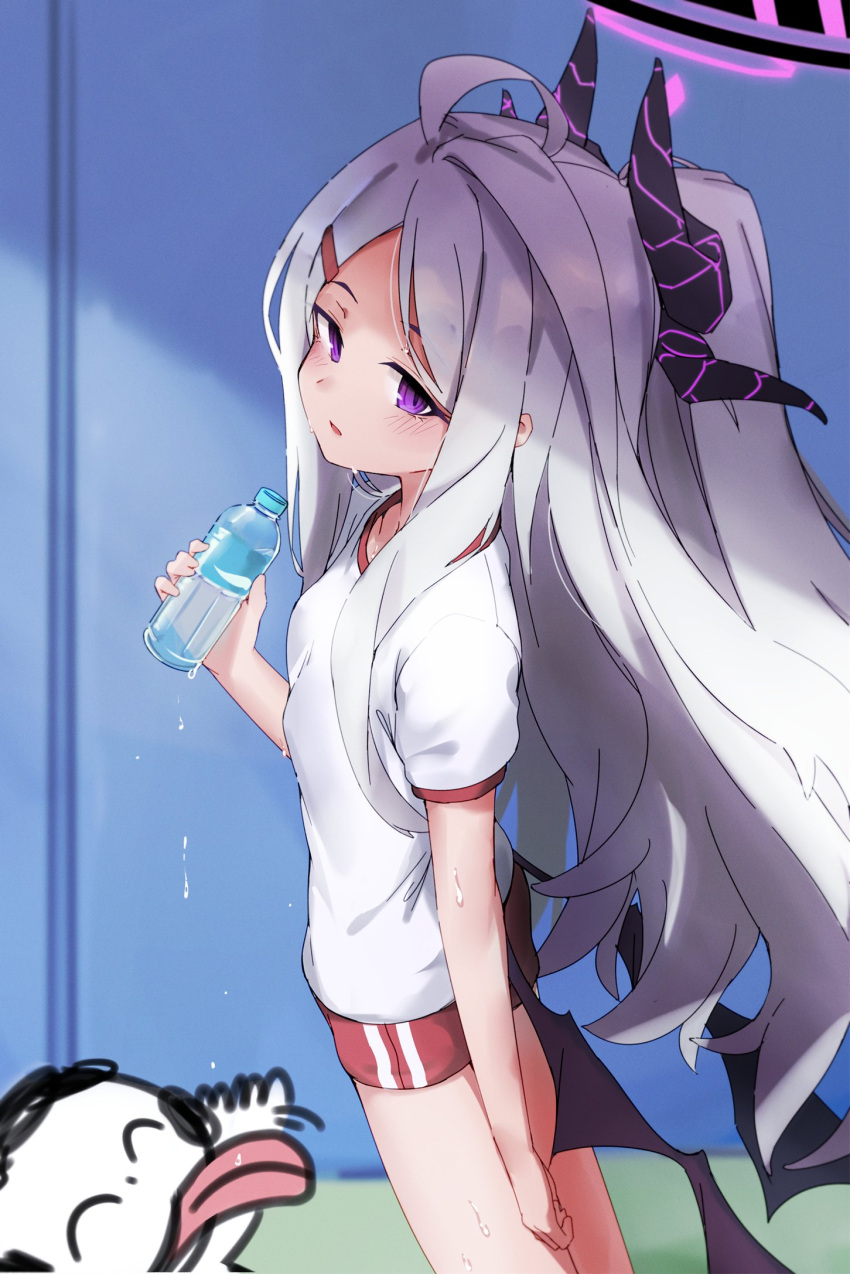 1girl ahoge bangs blue_archive bottle buruma demon_horns demon_wings gym_shirt gym_uniform halo highres hina_(blue_archive) horns kure_(kure_ng) long_hair low_wings multiple_horns parted_bangs purple_eyes red_buruma sensei_(blue_archive) shirt short_sleeves sweat water_bottle white_hair wings