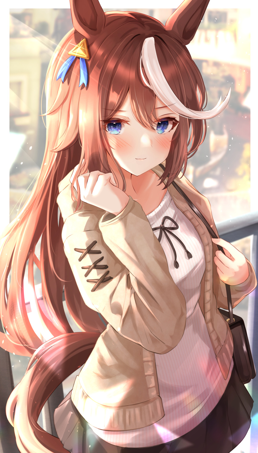 1girl absurdres animal_ears bag bangs blue_eyes blush brown_cardigan brown_hair cardigan closed_mouth highres horse_ears horse_girl horse_tail long_hair long_sleeves looking_at_viewer miniskirt multicolored_hair open_cardigan open_clothes shirt shoulder_bag skirt sky_cappuccino solo standing streaked_hair tail tokai_teio_(umamusume) umamusume very_long_hair white_hair white_shirt