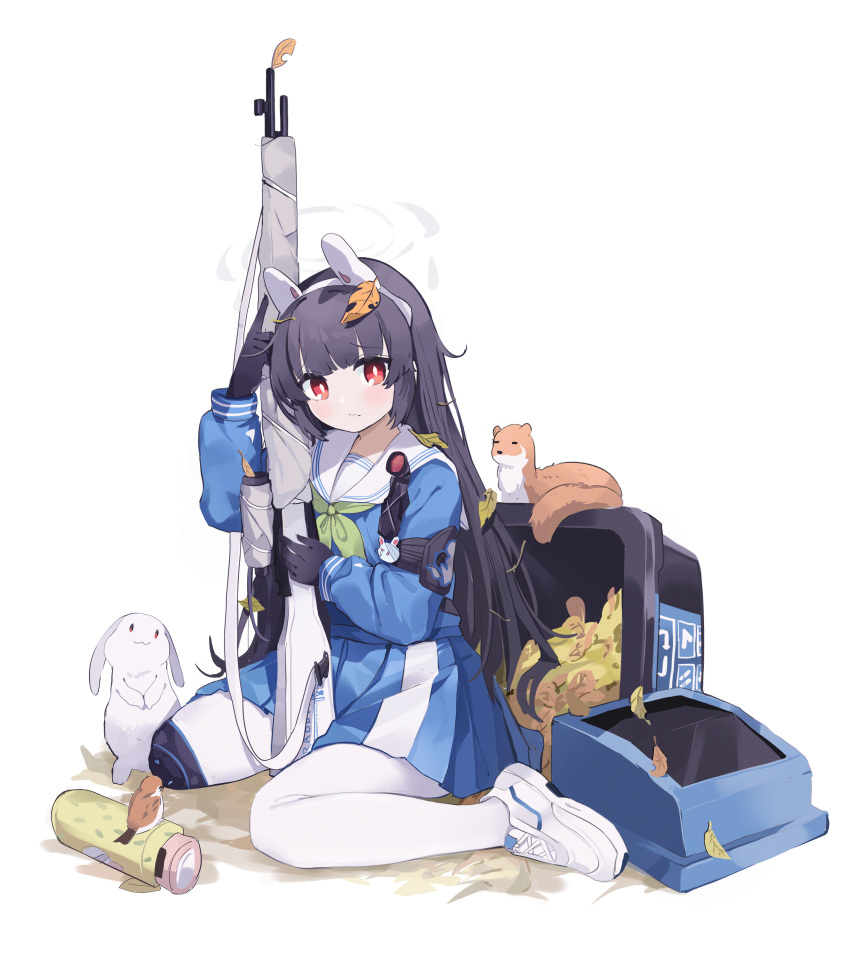 1girl absurdres animal_ears bangs black_hair blue_archive blunt_bangs commentary coria fake_animal_ears ferret gun hairband highres holding holding_gun holding_weapon leaf leaf_on_head long_hair long_sleeves looking_at_viewer miyu_(blue_archive) pantyhose pleated_skirt rabbit rabbit_ears red_eyes rifle school_uniform serafuku shoes sidelocks simple_background sitting skirt sneakers sniper_rifle symbol-only_commentary trash_can wariza weapon white_background white_pantyhose