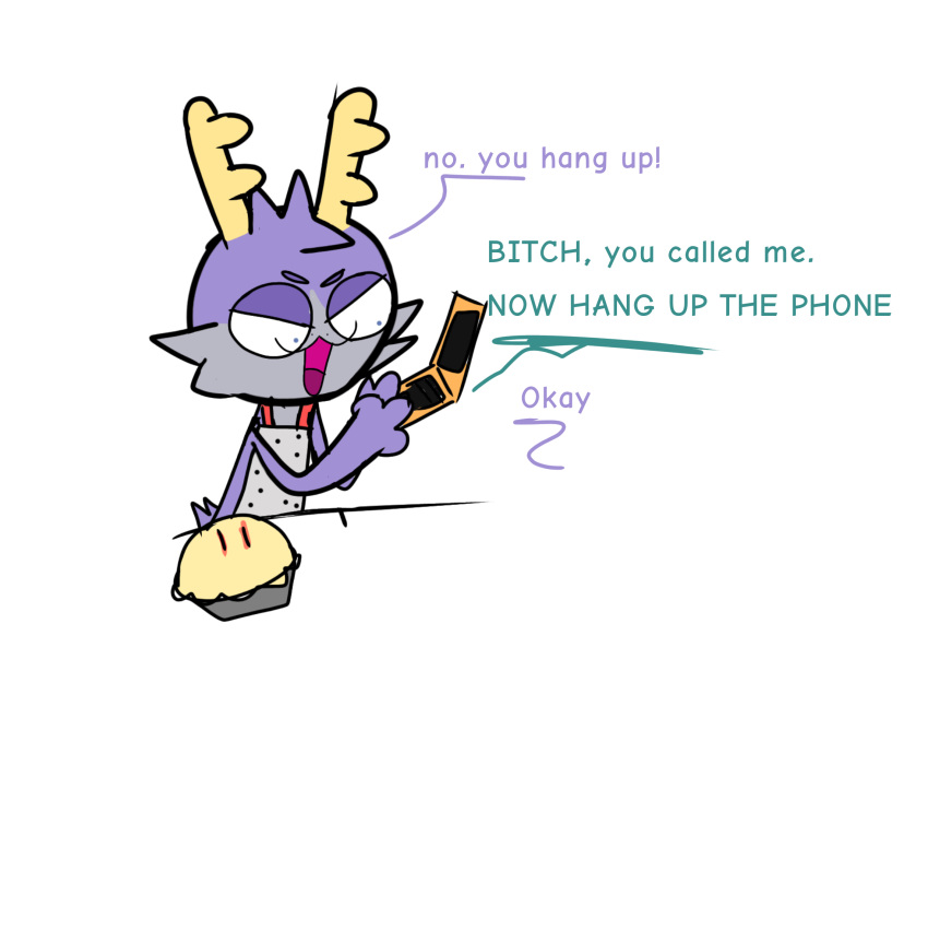 anthro antlers apron apron_only bippppy clothing fatigue flip_phone hi_res horn jackalope lagomorph male mammal mostly_nude open_mouth phone purple_body sheen