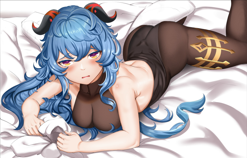 1girl ahoge ass bangs bare_shoulders black_leotard blue_hair blush bodysuit breasts chiyo_goya commentary english_commentary ganyu_(genshin_impact) genshin_impact goat_horns highres horns leotard long_hair looking_at_viewer lying medium_breasts on_bed on_stomach purple_eyes sheet_grab sidelocks solo