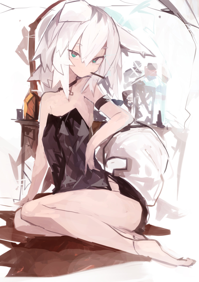 1girl absurdres animal_ears bangs bare_shoulders barefoot black_choker black_dress blue_eyes choker dress hair_between_eyes highres kaamin_(mariarose753) long_hair looking_at_viewer original short_eyebrows sitting solo strapless strapless_dress tail thick_eyebrows white_hair yokozuwari