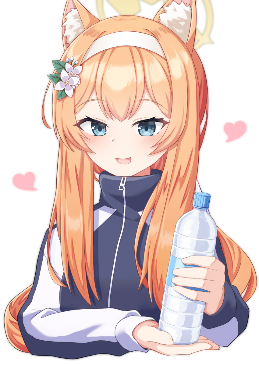 1girl :d animal_ear_fluff animal_ears bangs black_jacket blue_archive blue_eyes bottle commentary_request cropped_torso flower hair_flower hair_ornament halo hands_up headband heart highres holding holding_bottle jacket long_hair long_sleeves looking_at_viewer mari_(blue_archive) mari_(gym_uniform)_(blue_archive) nenosame orange_hair sidelocks simple_background smile solo track_jacket upper_body water_bottle white_background white_flower white_headband