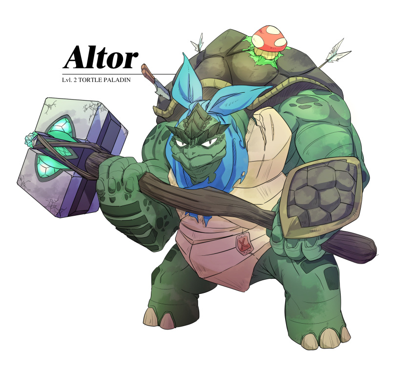 1boy altor animal arrow_in_body blue_neckerchief dungeons_and_dragons highres holding holding_weapon holostars holostars_english knife mushroom neckerchief paladin pkoi regis_altare shell simple_background solo tortoise turtle two-handed war_hammer weapon
