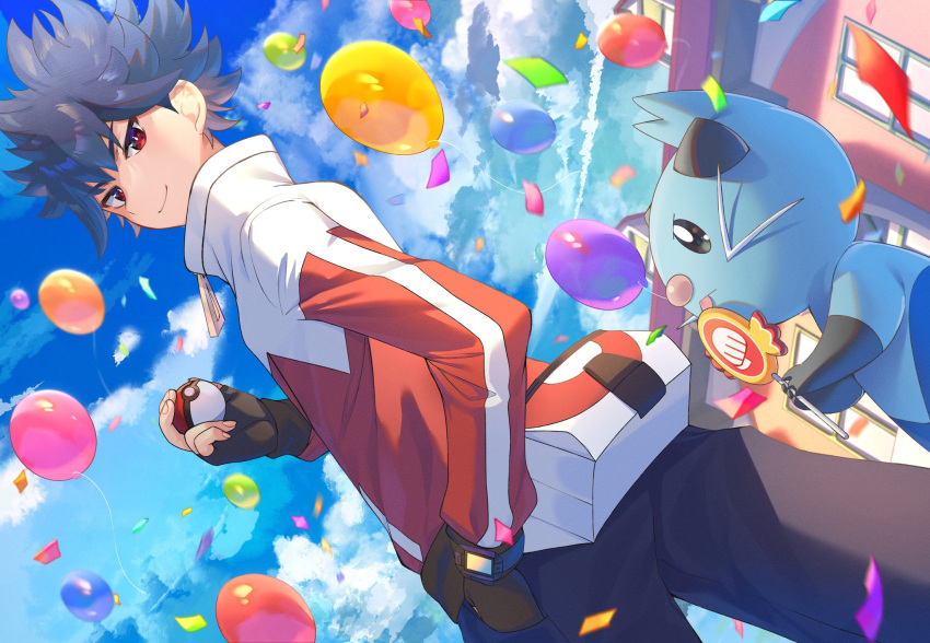 1boy balloon bangs black_gloves building candy closed_mouth cloud commentary_request confetti day dewott fingerless_gloves food from_below gloves highres holding holding_poke_ball hugh_(pokemon) jacket licking lollipop male_focus outdoors pants poke_ball poke_ball_(basic) pokemon pokemon_(creature) pokemon_(game) pokemon_bw2 red_eyes short_hair sky smile spiked_hair tongue tongue_out window yupiteru