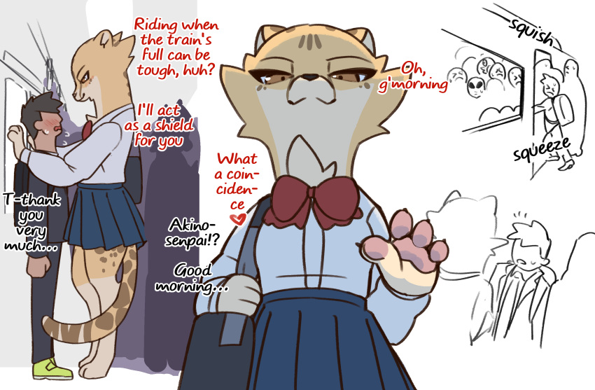 2021 akino_(kemokin_mania) anthro bottomwear cheetah clothed clothing comic crowd dialogue dominant dominant_female english_text felid feline female female_focus female_on_human fully_clothed group hi_res human human_on_anthro interspecies kemokin_mania kouda_(kemokin_mania) larger_female male male/female male_on_anthro mammal nervous pawpads public_transportation romantic shirt size_difference skirt smaller_human solo_focus submissive submissive_male text topwear train translated vehicle