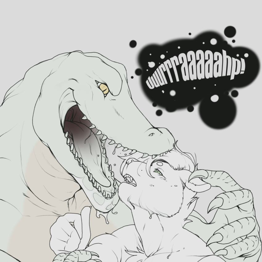 anthro bodily_fluids burping burping_in_face crocodile crocodilian crocodylid drooling duo felid hi_res leopard male male/male mammal open_mouth pantherine reptile saliva scalie sharp_teeth teeth text tongue yellow_eyes zyyphelze