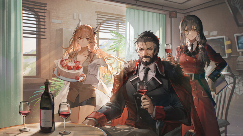 1boy 2girls absurdres alcohol beard berezovich_kryuger_(girls'_frontline) bottle cake coat collared_shirt commentary_request cup drinking_glass facial_hair food girls'_frontline grey_hair griffin_&amp;_kryuger_military_uniform helianthus_(girls'_frontline) highres labcoat light_brown_hair long_hair looking_at_viewer multiple_girls necktie official_art persica_(girls'_frontline) red_eyes scar scar_on_face shirt smile very_long_hair wheelchair wine wine_bottle wine_glass wrinkled_skin
