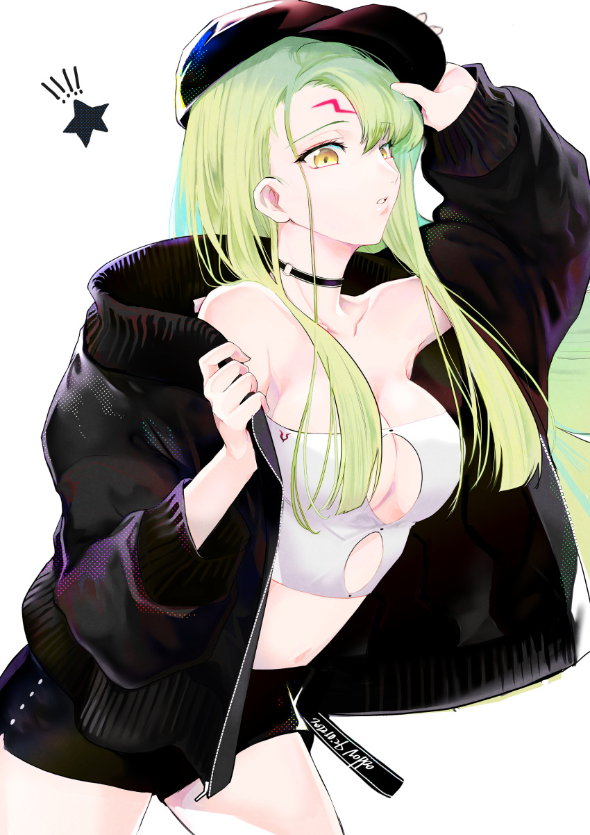 ! !! 1girl absurdres arm_up baseball_cap black_choker black_jacket black_shorts breasts c.c. choker cleavage_cutout clothing_cutout code_geass collarbone crop_top facial_mark forehead_mark from_side geass green_hair hand_on_headwear hat highres jacket leaning_forward long_hair medium_breasts midriff navel noppo parted_lips short_shorts shorts simple_background solo star_(symbol) stomach straight_hair white_background yellow_eyes