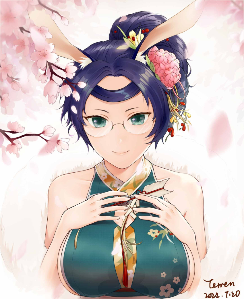 1girl artist_name azur_lane breasts dated flower green_eyes green_kimono hair_flower hair_ornament hand_on_own_chest highres japanese_clothes kimono large_breasts light_smile long_hair looking_at_viewer official_alternate_costume pink_flower purple_hair sideboob sleeveless sleeveless_kimono solo souryuu_(azur_lane) souryuu_(the_crane_amidst_the_pines)_(azur_lane) terren0814 upper_body
