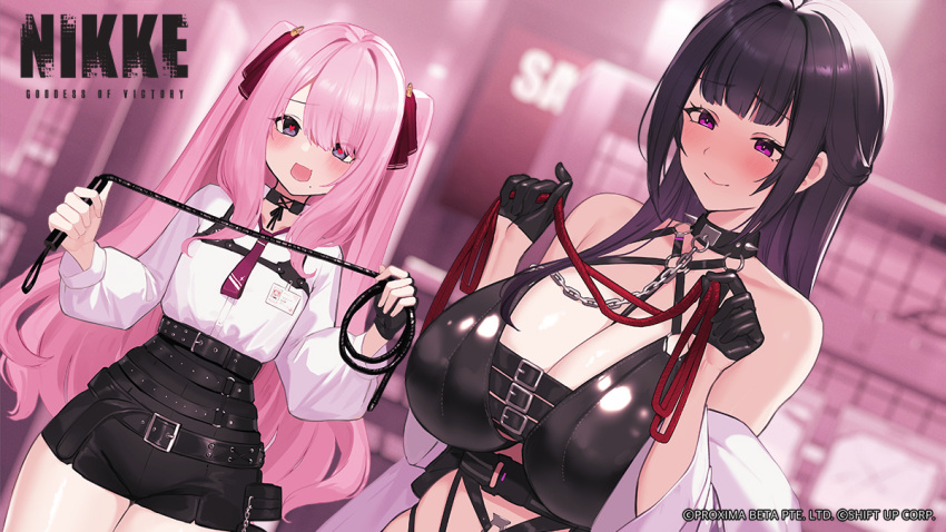 2girls bare_shoulders belt black_hair blush breasts chain cleavage collar curvy dominatrix flat_chest gloves goddess_of_victory:_nikke hayabusa heart heart-shaped_pupils large_breasts looking_at_viewer mihara_(nikke) mole mole_under_mouth multiple_girls official_art pink_hair sexually_suggestive shorts small_breasts smile symbol-shaped_pupils uniform whip yuni_(nikke)