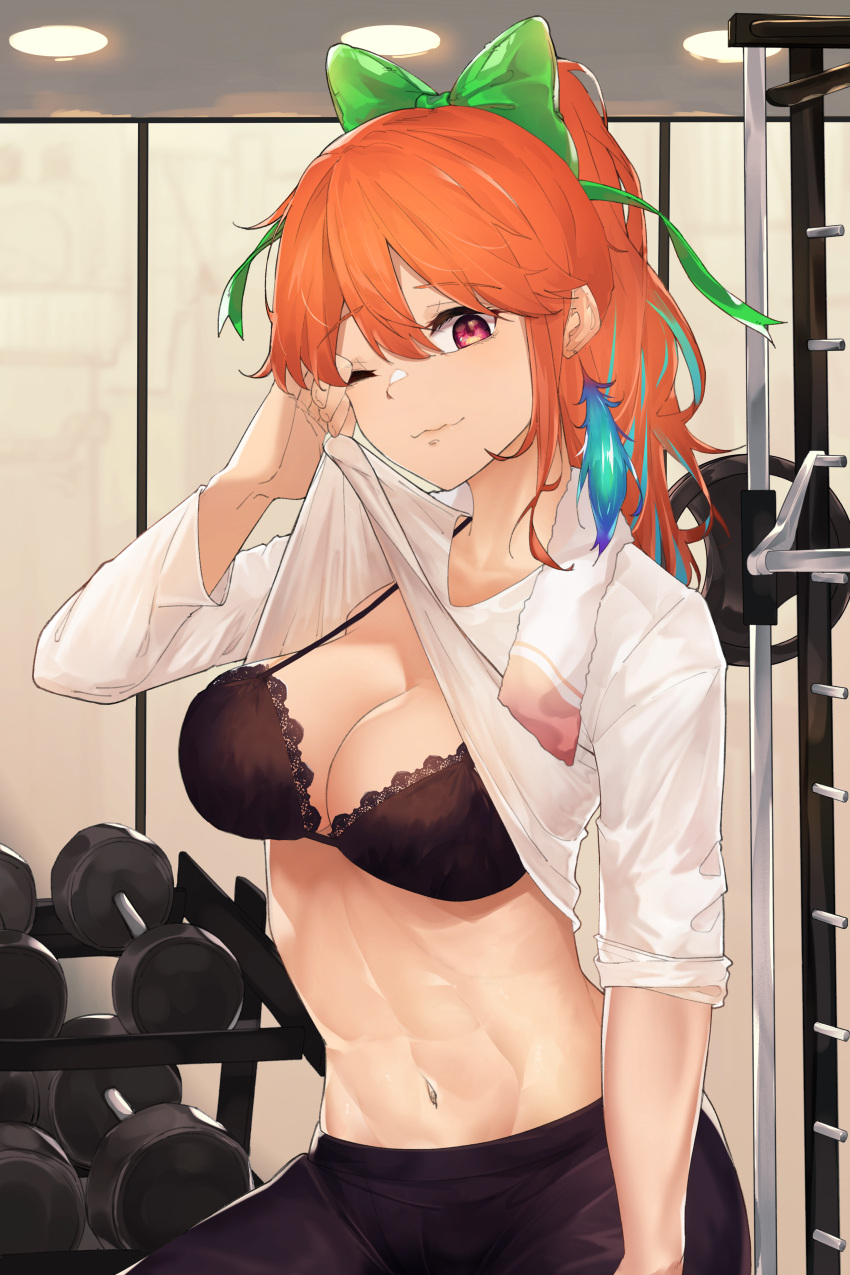 1girl absurdres black_bra black_pants bow bra breasts ceiling_light chirpy closed_mouth clothes_lift dumbbell earrings feather_earrings feathers green_bow green_ribbon gym hair_bow hair_ribbon highres hololive hololive_english indoors jewelry lace-trimmed_bra lace_trim large_breasts lifted_by_self long_hair multicolored_hair navel one_eye_closed orange_hair pants ponytail red_eyes ribbon shirt shirt_lift solo stomach strap_gap streaked_hair takanashi_kiara towel towel_around_neck underwear virtual_youtuber wavy_mouth weights white_shirt