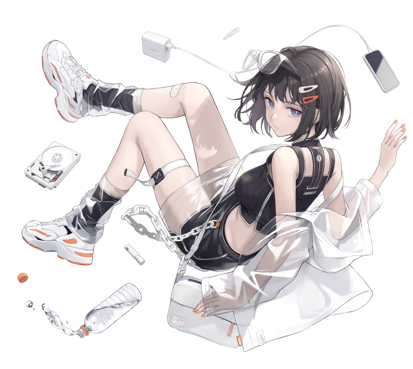 1girl bag bandaid black_hair blue_eyes bottle cellphone charger floating glasses hair_ornament hairclip handbag hard_drive highres iphone looking_at_viewer looking_back lying midair midriff nail_polish off_shoulder on_back orange_nails original phone see-through shoes short_hair simple_background skirt smartphone sneakers solo sugai_(4ugaii) thigh_strap water water_bottle white_background