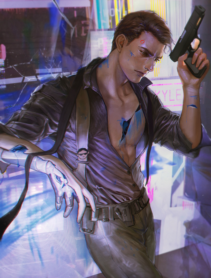 absurdres android belt black_belt black_hair black_pants black_shirt blood blue_blood broken_glass closed_mouth collared_shirt connor_(detroit) detroit:_become_human glass gun highres holding holding_gun holding_weapon injury kyle. muscular muscular_male pants partially_unbuttoned pectorals shirt short_hair weapon