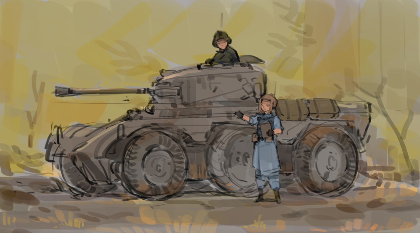 1boy 1girl black_footwear black_gloves blue_jacket blue_pants boots brown_hair gloves green_headwear green_jacket ground_vehicle helmet highres jacket looking_down military military_vehicle motor_vehicle original pants tank tank_focus vehicle_focus xerbatt