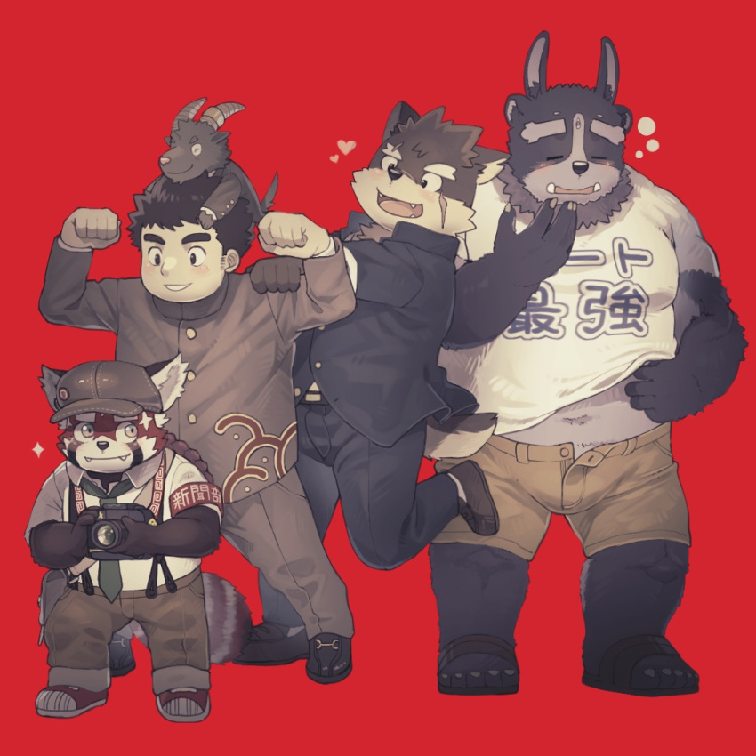 5boys animal_ears armband arms_up batten_xxxx brown_fur brown_hair brown_pants brown_shorts camera clenched_hands closed_eyes collared_shirt commentary creature dog_boy dog_ears dog_tail extra_ears eyebrow_cut fangs fangs_out formal full_body furry furry_male gakuran goat_boy goat_horns goat_tail green_necktie hand_on_another's_shoulder heart holding holding_camera horns large_pectorals loafers looking_at_another male_focus master_5_(housamo) moritaka_(housamo) multiple_boys muscular muscular_male muted_color navel necktie open_fly open_mouth pants pectorals plump red_armband red_fur red_panda_boy red_panda_ears red_panda_tail salomon_(housamo) sandals scar scar_on_cheek scar_on_face school_uniform scratching_stomach shirt shoes short_hair shorts sideburns sleepy smile sparkle suit suspenders t-shirt tail thick_eyebrows tokyo_afterschool_summoners translation_request tsathoggua_(housamo) tusks white_fur white_shirt wolf_ears zhurong_(housamo)