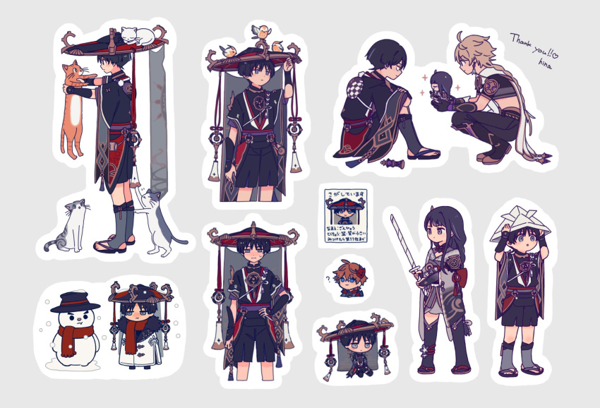 1girl 3boys ? aether_(genshin_impact) ahoge alternate_costume animal animal_ears arm_armor arm_up arms_up back_bow bangs bird black_eyes black_footwear black_hair black_headwear black_pants black_shirt black_shorts black_thighhighs blue_eyes blush board_game boots bow braid breasts brown_footwear brown_hair cat cat_ears cat_tail chess closed_eyes closed_mouth coat collared_shirt colored_skin detached_collar dress earrings english_text full_body fur-trimmed_hood fur_trim genshin_impact gold green_eyes grey_background grey_jacket grey_scarf grey_skin grey_socks hair_between_eyes hair_ornament hand_on_headwear hand_on_hip hands_up hat highres hinaszk holding holding_animal holding_weapon hood hooded_coat jacket japanese_clothes jewelry jingasa kimono light_brown_hair long_hair long_sleeves looking_at_another looking_to_the_side lying lying_on_person mandarin_collar mask mask_on_head medium_breasts mitsudomoe_(shape) multiple_boys necklace open_mouth orange_hair orange_skin pants paper_hat paper_kabuto paper_sword pom_pom_(clothes) purple_belt purple_dress purple_eyes purple_hair purple_kimono raiden_shogun red_bow red_headwear red_mask red_ribbon red_scarf red_shirt ribbon sandals scaramouche_(genshin_impact) scarf shirt short_hair short_sleeves shorts sidelocks simple_background single_earring sitting sleeping snow snowing snowman socks sparkle standing star_(symbol) sweat sweatdrop sword tail tartaglia_(genshin_impact) thighhighs tomoe_(symbol) v-shaped_eyebrows weapon white_coat white_headwear white_skin wide_sleeves wings