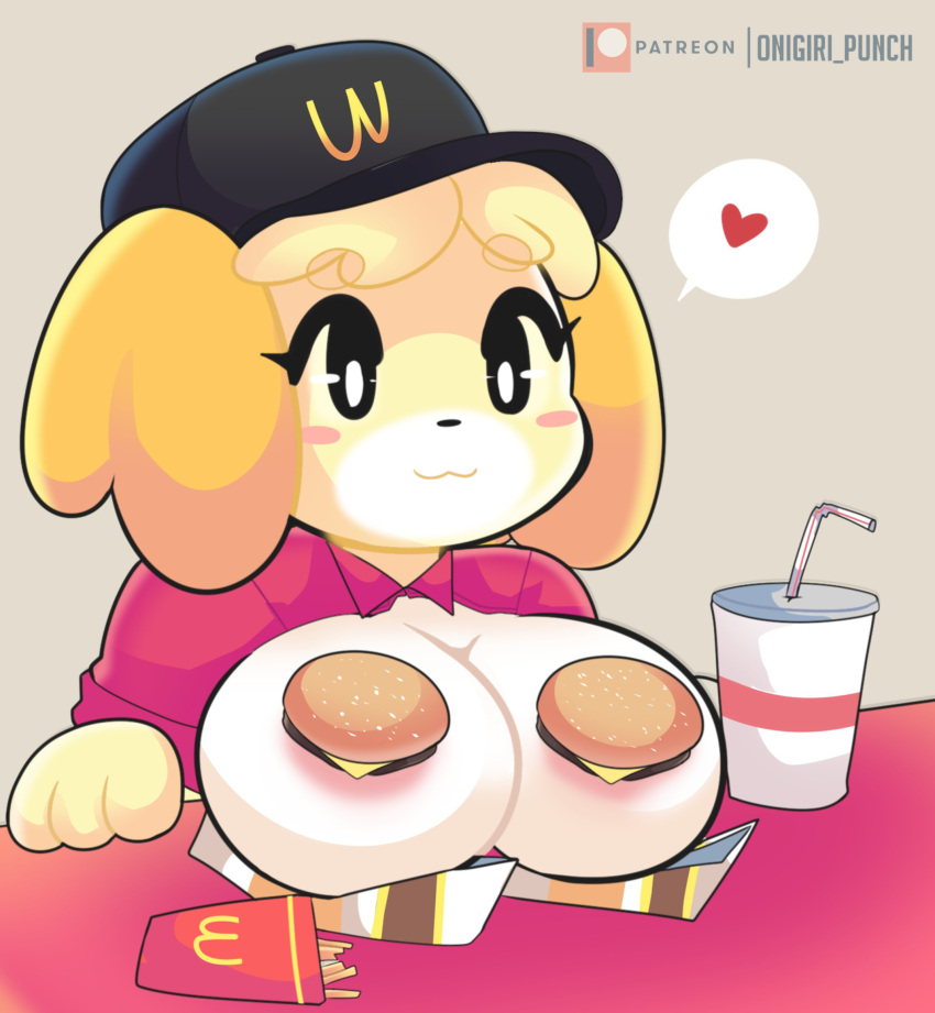 &lt;3 3_fingers animal_crossing anthro areola beverage big_breasts black_clothing black_hat black_headwear blush breasts burger canid canine canis clothed clothing container digital_media_(artwork) domestic_dog drinking_straw eyebrows eyelashes female fingers food food_fetish food_on_breasts food_play fries fur hair hat headgear headwear hi_res huge_breasts isabelle_(animal_crossing) mammal mcdonald's nintendo onigiri_punch open_clothing open_shirt open_topwear red_clothing red_shirt red_topwear shih_tzu shirt smile solo speech_bubble topwear toy_dog video_games wcdonald's yellow_body yellow_fur