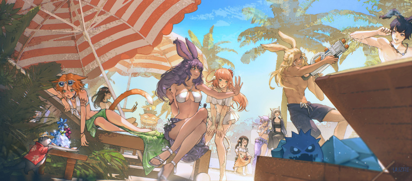 2boys 6+girls :o absurdres animal_ears artist_name au_ra avatar_(ff14) bare_shoulders beach beach_chair bead_bracelet beads bikini bikini_top_only black_hair blonde_hair blue_eyes blue_sky bomb_(final_fantasy) bracelet brown_hair cat_ears cat_girl cat_tail cloud crate criss-cross_halter crossed_legs day dragon_girl dragon_horns dragon_tail eyewear_on_head facial_mark final_fantasy final_fantasy_xiv floral_print flower flower_wreath food frilled_bikini frills fruit green_eyes green_sarong grin hair_flower hair_ornament halterneck hands_on_own_thighs head_wreath heterochromia highres holding holding_water_gun horns hyur jewelry lalafell leaf leaning_forward long_hair lying male_swimwear midriff miqo'te multiple_boys multiple_girls nail_polish_bottle navel necklace on_side open_mouth orange_hair otter outdoors outstretched_arm palm_tree parasol pointy_ears purple_hair purple_sarong rabbit_ears red_eyes sandals sarong scales short_hair sitting skirt_basket sky smile summer sunglasses swimsuit tail toned toned_male topless_male tree umbrella viera water_gun white_bikini white_footwear yuzaiii