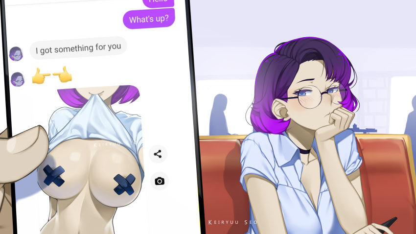 1boy 1girl absurdres blue_eyes breasts choker cleavage clothes_lift cross_pasties glasses half-closed_eyes hand_on_own_face hetero highres holding holding_phone keiryuu_seo large_breasts looking_at_viewer original pasties phone phone_screen photo_background pov pov_hands purple_hair round_eyewear selfie shirt shirt_lift short_hair sitting text_messaging white_shirt