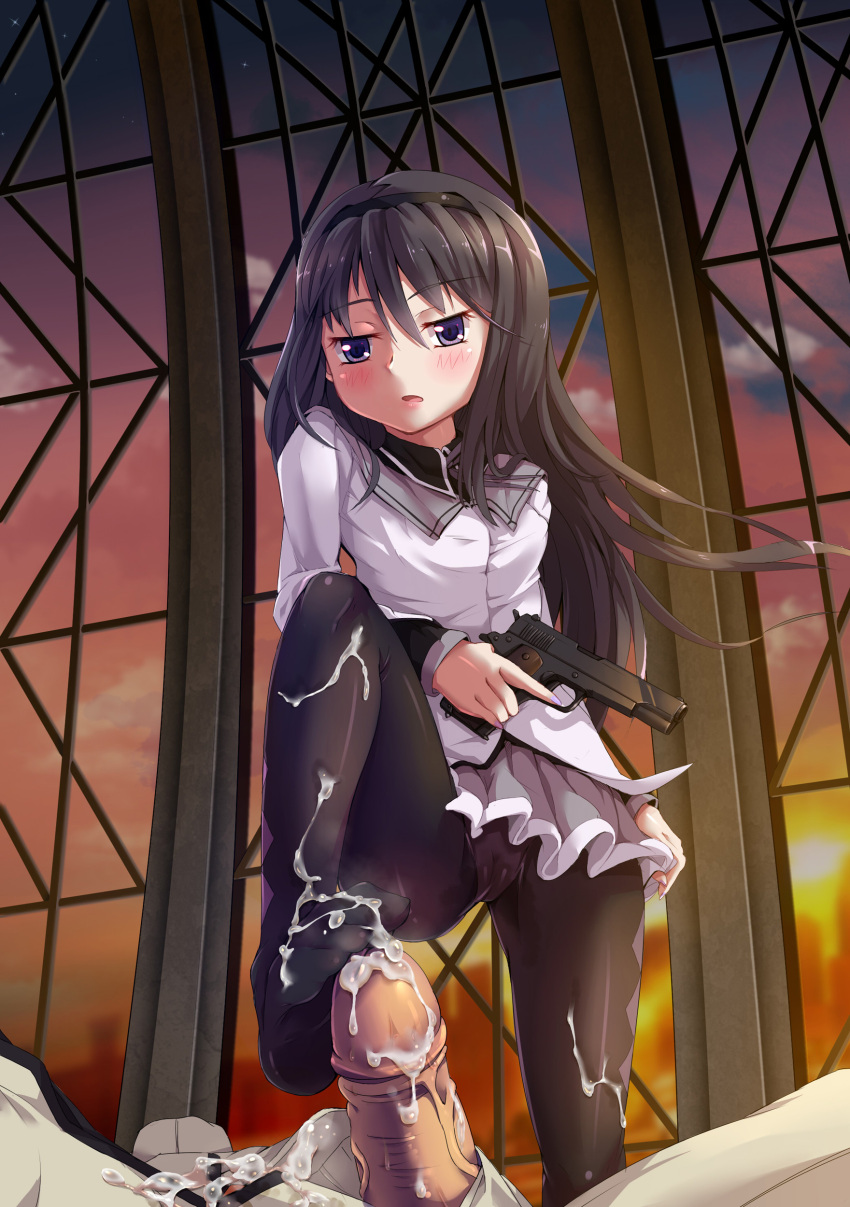 1girl absurdres akemi_homura argyle argyle_legwear bangs black_hair blush cameltoe censored commentary cum cum_on_body cum_on_clothes cum_on_feet cum_on_penis cum_on_self femdom footjob gun hair_between_eyes hairband handgun highres holding holding_gun holding_weapon leg_up long_hair looking_at_viewer mahou_shoujo_madoka_magica mosaic_censoring no_shoes open_mouth pantyhose penis purple_eyes shoejob shoes sirills skirt solo_focus weapon