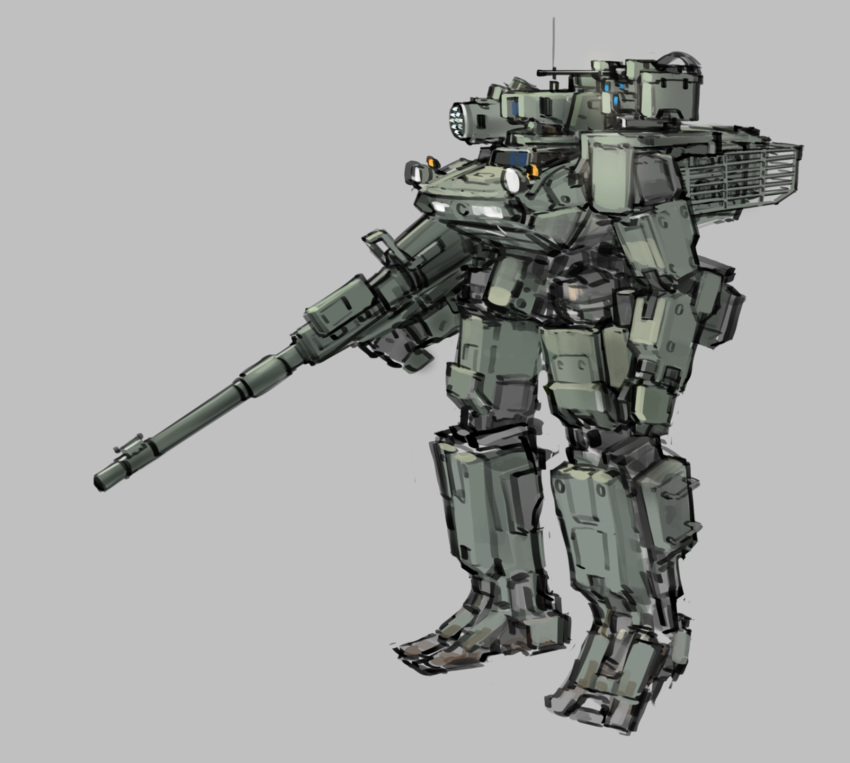 clenched_hand english_commentary grey_background gun highres holding holding_gun holding_weapon mecha no_humans original radio_antenna robot science_fiction sketch solo weapon xerbatt