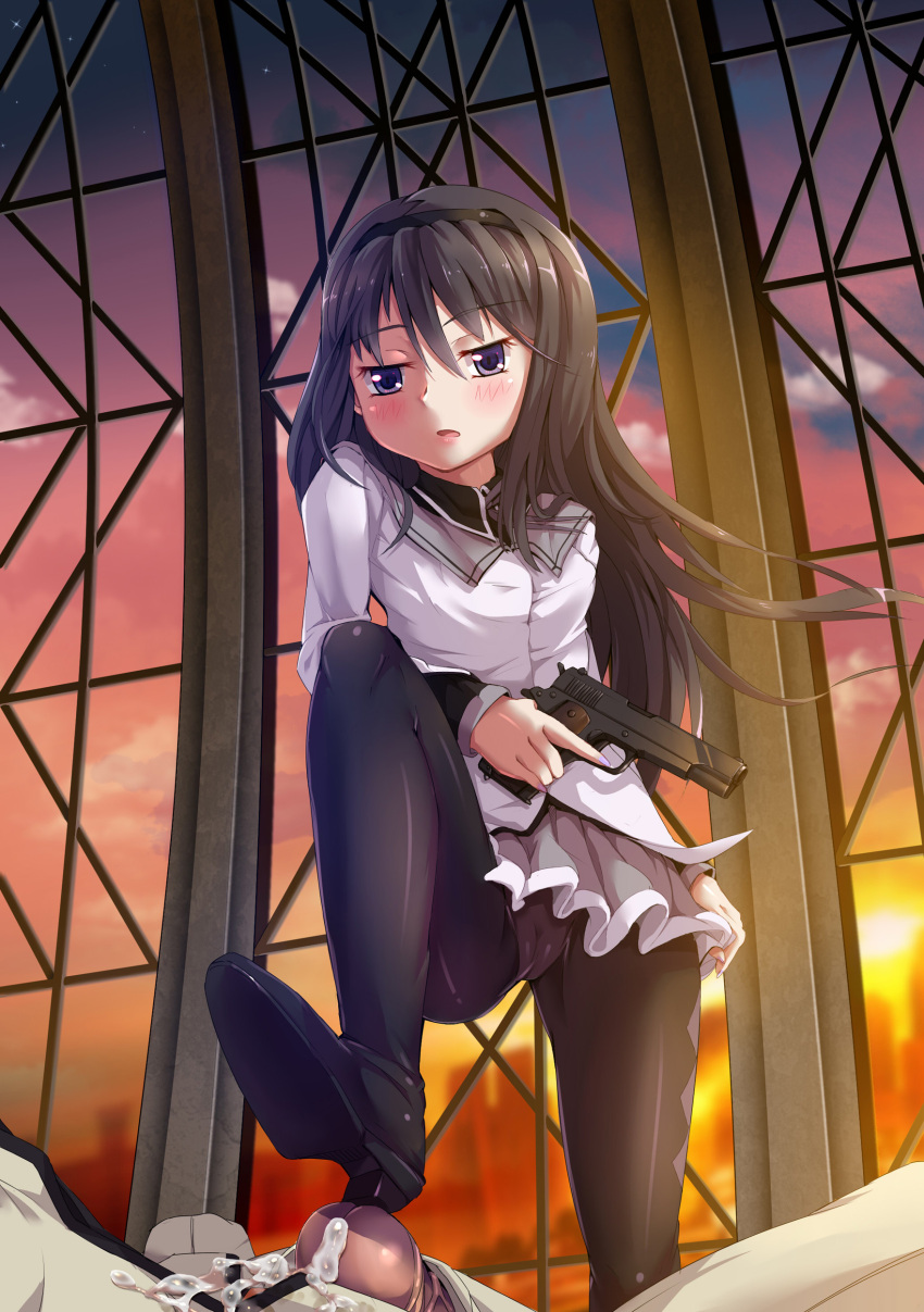 1girl absurdres akemi_homura argyle argyle_legwear bangs black_hair blush cameltoe censored commentary cum cum_on_self femdom footjob gun hair_between_eyes handgun headband high_heels highres holding holding_gun holding_weapon leg_up long_hair looking_at_viewer mahou_shoujo_madoka_magica mosaic_censoring open_mouth pantyhose penis purple_eyes shoejob shoes sirills skirt solo_focus weapon