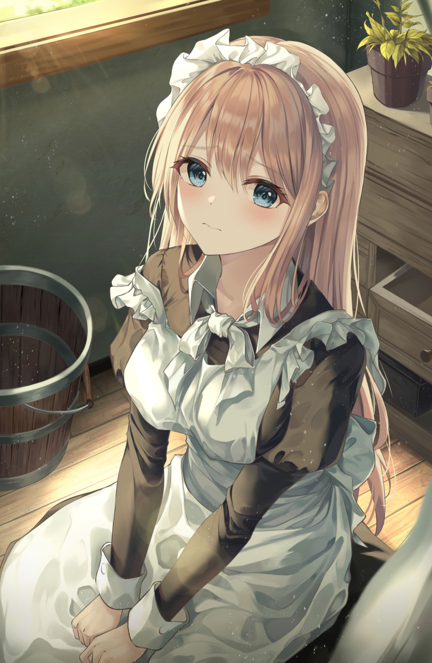 1girl apron bangs black_dress blonde_hair blue_eyes blush bow bowtie breasts bucket closed_mouth collarbone collared_shirt commentary desk drawer dress frilled_apron frilled_hairband frills hair_between_eyes hair_strand hairband highres juliet_sleeves long_dress long_hair long_sleeves looking_at_viewer maid maid_apron maid_headdress medium_breasts on_floor open_drawer original plant potted_plant pray_(furei) puffy_sleeves raised_eyebrows shirt sidelocks sitting solo sunlight wavy_mouth white_apron white_bow white_bowtie white_hairband white_shirt white_wrist_cuffs wooden_bucket wooden_floor wrist_cuffs