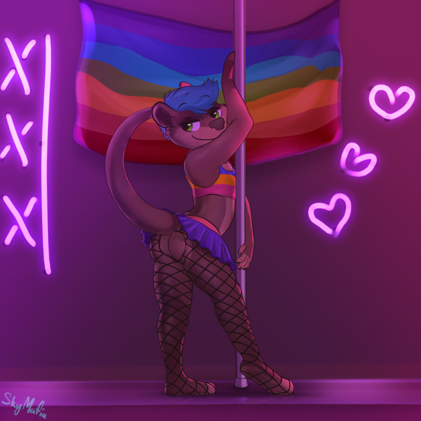 &lt;3 anthro blue_bottomwear blue_clothing blue_hair blue_skirt bottomwear butt clothing eyeliner fishnet grabbing_pole green_eyes hair hi_res lgbt_pride lights looking_at_viewer looking_back looking_back_at_viewer lutrine makeup male mammal multicolored_body mustelid pansexual_pride_colors paws pole presenting presenting_hindquarters pride_colors raised_tail ripped_fishnet skirt skymafia solo stage stripper_pole suggestive two_tone_body