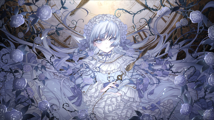 1girl blue_dress chocolate4170615 clock closed_mouth dress flower frills grey_eyes grey_hair grey_rose grey_theme highres long_hair long_sleeves looking_at_viewer original roman_numeral rose solo thorns white_headdress