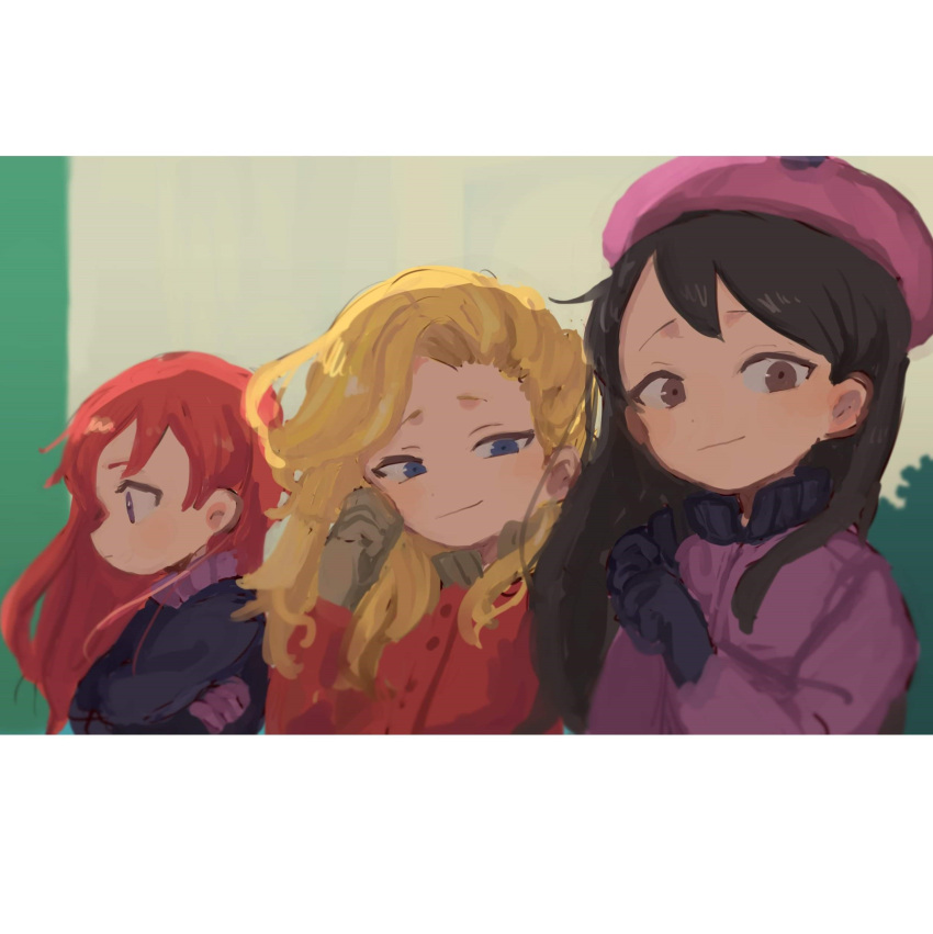 3girls absurdres bebe_stevens beret black_hair blonde_hair blue_eyes brown_eyes brown_gloves gloves hat highres jacket multiple_girls nojiko_(natumag) purple_eyes purple_gloves purple_jacket red_hair red_jacket red_mcarthur smile south_park wavy_hair wendy_testaburger winter