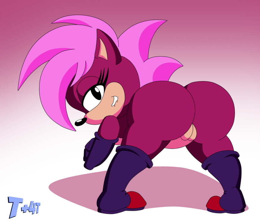 anthro bent_forward bent_over bite biting_lip boots boots_only butt clothing crossed_arms eyelashes female footwear footwear_only genitals gloves hair handwear hi_res leaning leaning_forward looking_at_viewer looking_back looking_back_at_viewer mostly_nude pink_body pink_hair pussy sega solo sonia_the_hedgehog sonic_the_hedgehog_(series) sonic_underground t+4t