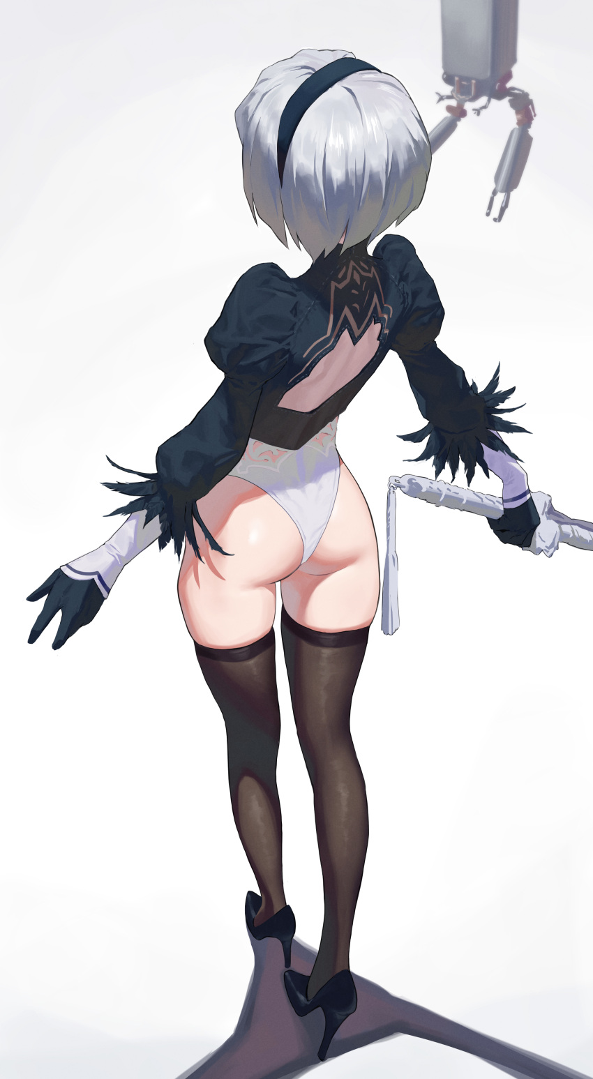 1girl absurdres ass back_cutout black_hairband clothing_cutout facing_away feather-trimmed_sleeves floating gloves hairband high_heels highres holding holding_sword holding_weapon juliet_sleeves katana legs leotard long_sleeves nier_(series) nier_automata puffy_sleeves robot simple_background solo some1else45 standing sword thighhighs weapon white_background white_hair white_leotard yorha_no._2_type_b