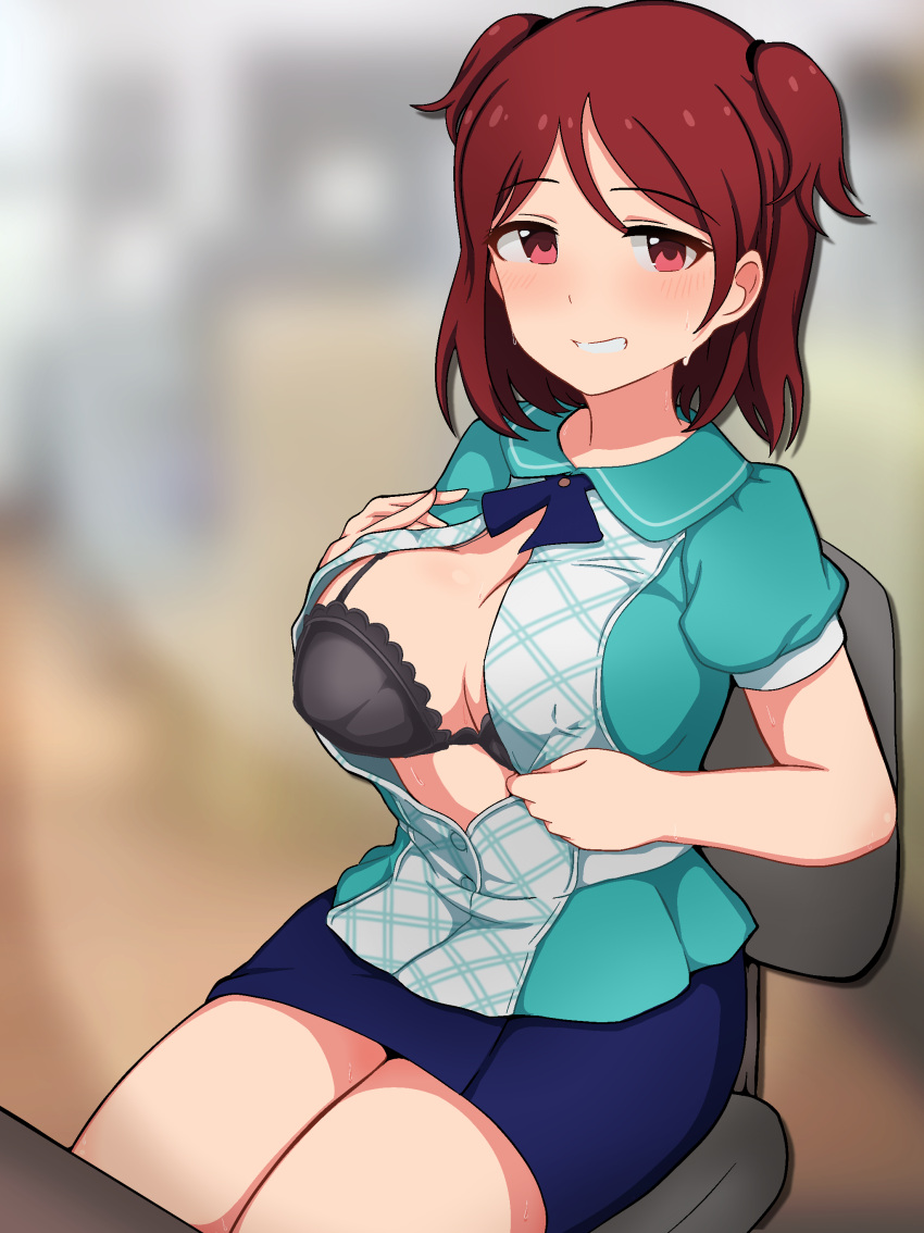 1girl absurdres aoba_misaki bangs blurry blurry_background bra bra_peek breasts buttons chair cleavage collared_shirt grin highres idolmaster idolmaster_million_live! large_breasts looking_at_viewer milliani office_chair on_chair open_clothes open_shirt red_eyes red_hair ribbon shirt short_hair short_sleeves short_twintails sitting skirt smile sweat thighs twintails unbuttoned underwear