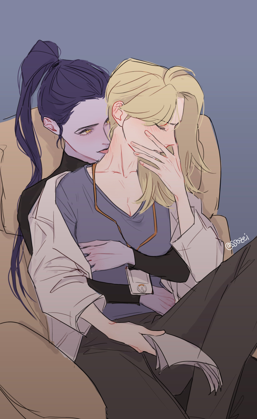 2girls absurdres blonde_hair blush closed_eyes colored_skin ear_blush highres lanyard licking licking_neck mercy_(overwatch) multiple_girls neck_blush overwatch ponytail purple_skin ssozei tongue tongue_out twitter_username widowmaker_(overwatch) yuri