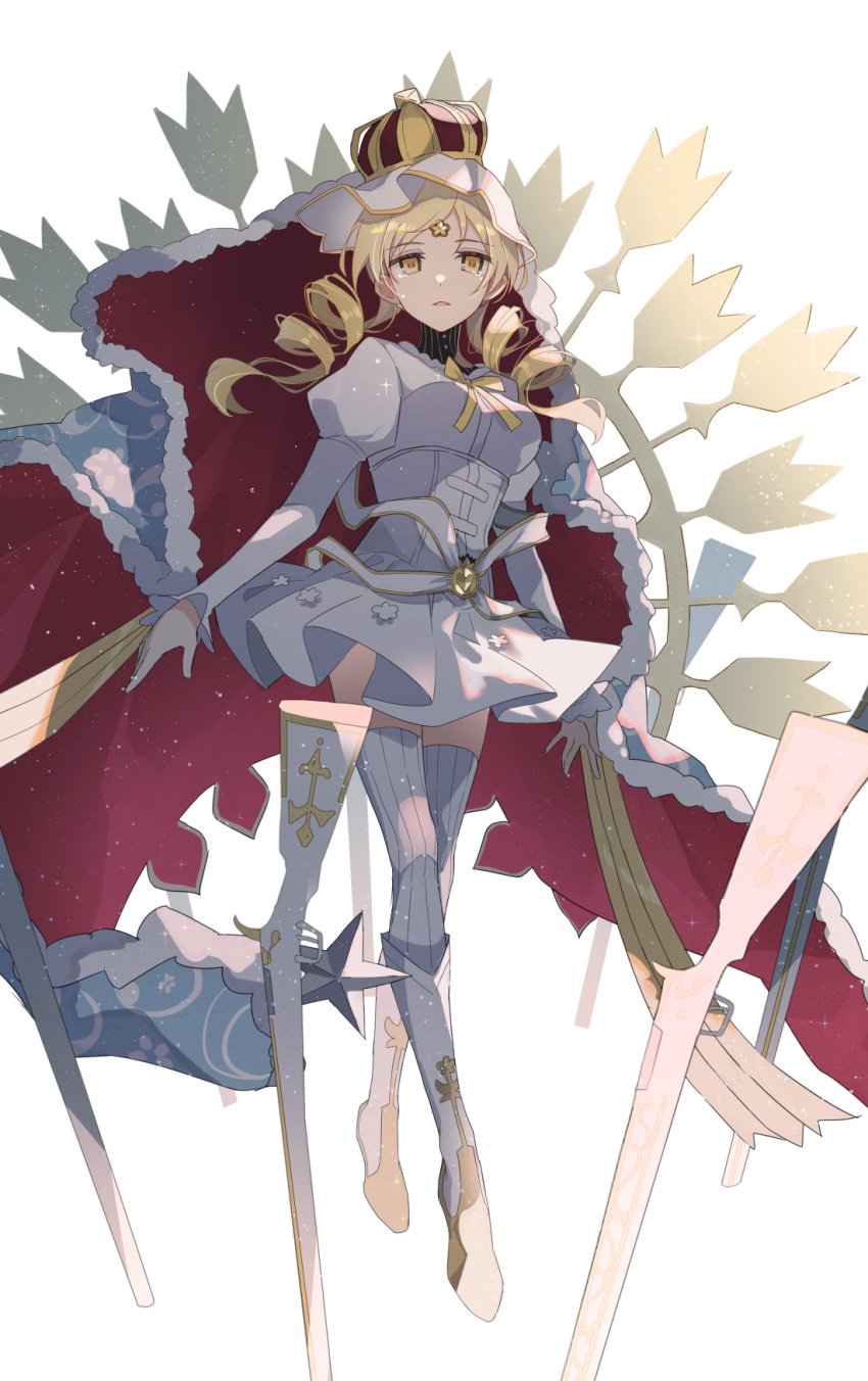 1girl arms_at_sides arrow_(projectile) backlighting bangs blonde_hair boots breasts cape contrapposto corset crown crying crying_with_eyes_open dot_nose drdn1293 drill_hair empty_eyes expressionless framed_breasts frilled_sleeves frills full_body fur-trimmed_cape fur_trim glint gold_trim gun high_collar highres holy_mami juliet_sleeves knee_boots knees_together_feet_apart large_breasts light_particles long_sleeves looking_at_viewer magia_record:_mahou_shoujo_madoka_magica_gaiden magic_circle magical_musket mahou_shoujo_madoka_magica neck_ribbon parted_bangs parted_lips pleated_skirt puffy_sleeves ribbon rifle sad shiny shiny_hair simple_background skirt solo streaming_tears striped striped_thighhighs swept_bangs tears thighhighs tomoe_mami twin_drills vertical-striped_thighhighs vertical_stripes weapon white_background white_footwear white_skirt white_thighhighs yellow_eyes yellow_ribbon zettai_ryouiki