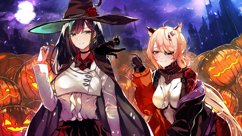 2girls absurdres ahoge alternate_costume animal_ears black_cat black_hair bling bodysuit breasts candy cape cat cat_ears fake_animal_ears food green_eyes halloween hat highres holding holding_candy holding_food lin_(tower_of_fantasy) long_hair medium_breasts mole mole_under_eye moon multiple_girls nemesis_(tower_of_fantasy) night one_eye_covered pumpkin red_eyes sas_(ls08b) smile tower_of_fantasy