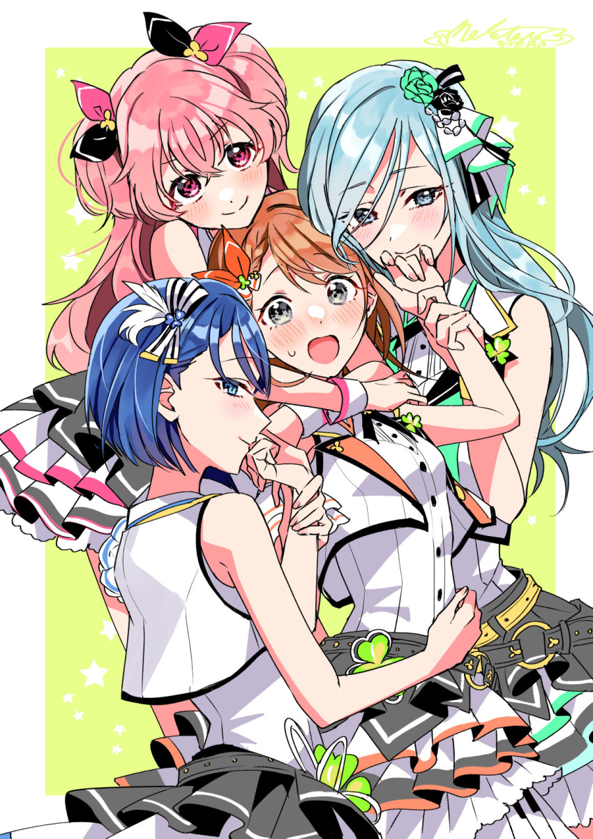 4girls aqua_flower aqua_rose arms_around_neck bangs belt black_belt black_bow black_flower black_ribbon black_rose blue_eyes blue_hair blush border bow braid breasts brown_hair buttons clenched_hands clover_hair_ornament cropped_vest d: dot_nose feather_hair_ornament feathers fingernails flower girl_sandwich green_background grey_eyes hair_bow hair_flower hair_ornament hanasato_minori hand_on_another's_waist hands_up head_on_head head_rest head_tilt highres hinomori_shizuku holding_another's_wrist hug hug_from_behind kiritani_haruka layered_skirt light_blue_hair long_hair looking_at_viewer medium_hair momoi_airi more_more_jump!_(project_sekai) multiple_girls neck_ribbon nervous open_mouth orange_bow pink_bow pink_eyes pink_hair pleated_skirt project_sekai raised_eyebrows ribbon rose sandwiched shinonome_neko-tarou shirt shirt_tucked_in simple_background single_horizontal_stripe skirt small_breasts smile star_(symbol) starry_background sweatdrop swept_bangs tareme two-tone_bow two_side_up vest white_border white_shirt wide-eyed wrist_cuffs yellow_belt