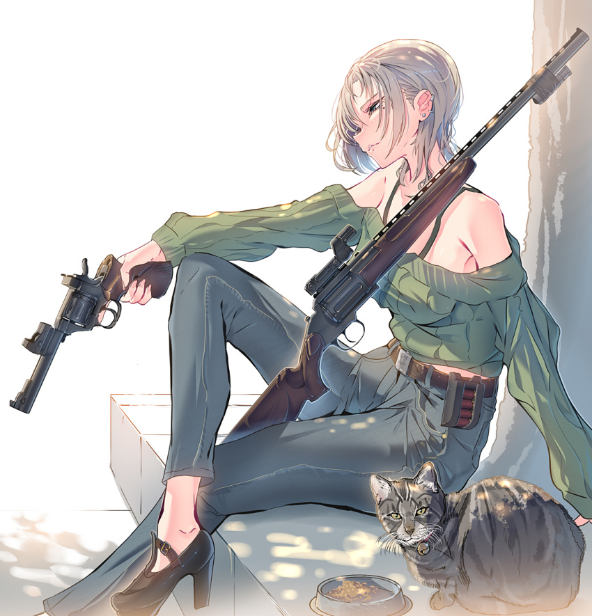 1girl 1other bare_shoulders belt black_footwear breasts cat daito from_side green_shirt grey_hair grey_pants gun handgun high_heels highres holding holding_gun holding_weapon large_breasts looking_at_viewer mole mole_under_eye mts255 off-shoulder_shirt off_shoulder original pants revolver shirt short_hair sitting weapon