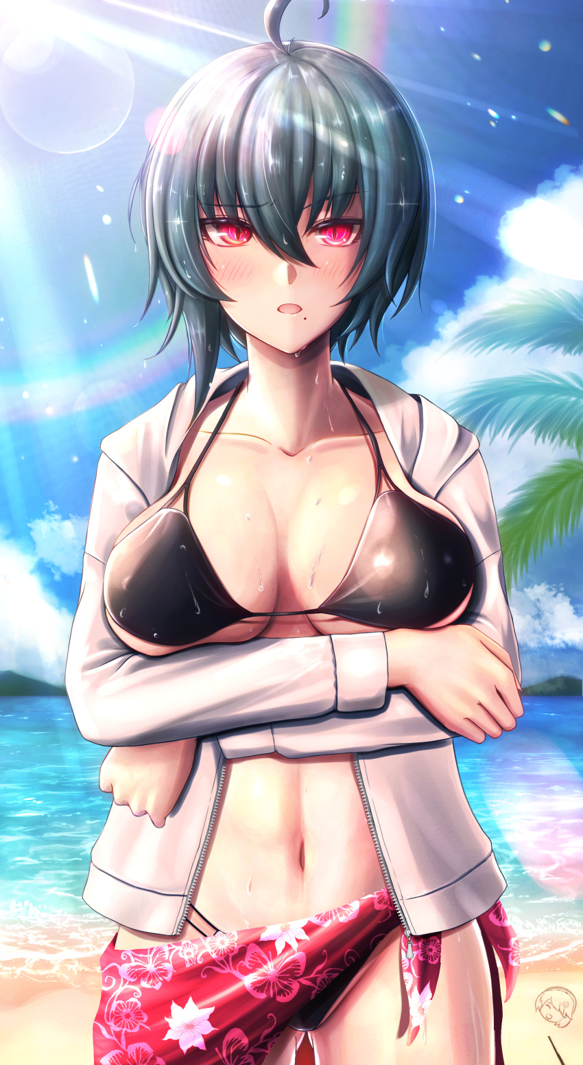 1girl absurdres ahoge arms_under_breasts bangs beach bikini black_bikini black_hair blue_sky breasts cleavage cloud cloudy_sky dead_angels highres honkai_(series) honkai_impact_3rd jacket large_breasts long_sleeves looking_at_viewer mole mole_under_mouth navel open_clothes open_jacket open_mouth outdoors purple_eyes rainbow raven_(honkai_impact) sand short_hair sky solo swimsuit water white_jacket