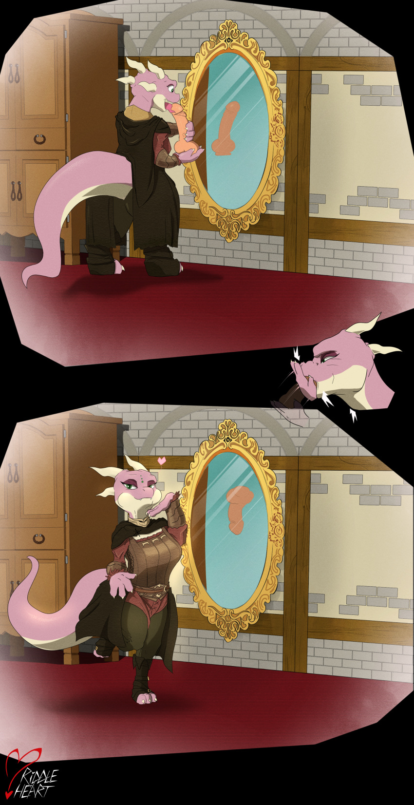 &lt;3 absurd_res anthro armoire clothing costume dildo dildo_fellatio dildo_lick female floating_dildo hi_res huge_filesize kobold licking looking_at_viewer mirror one_leg_up raised_leg reflection riddleheart sex_toy smile smirk solo swallowing tongue tongue_out