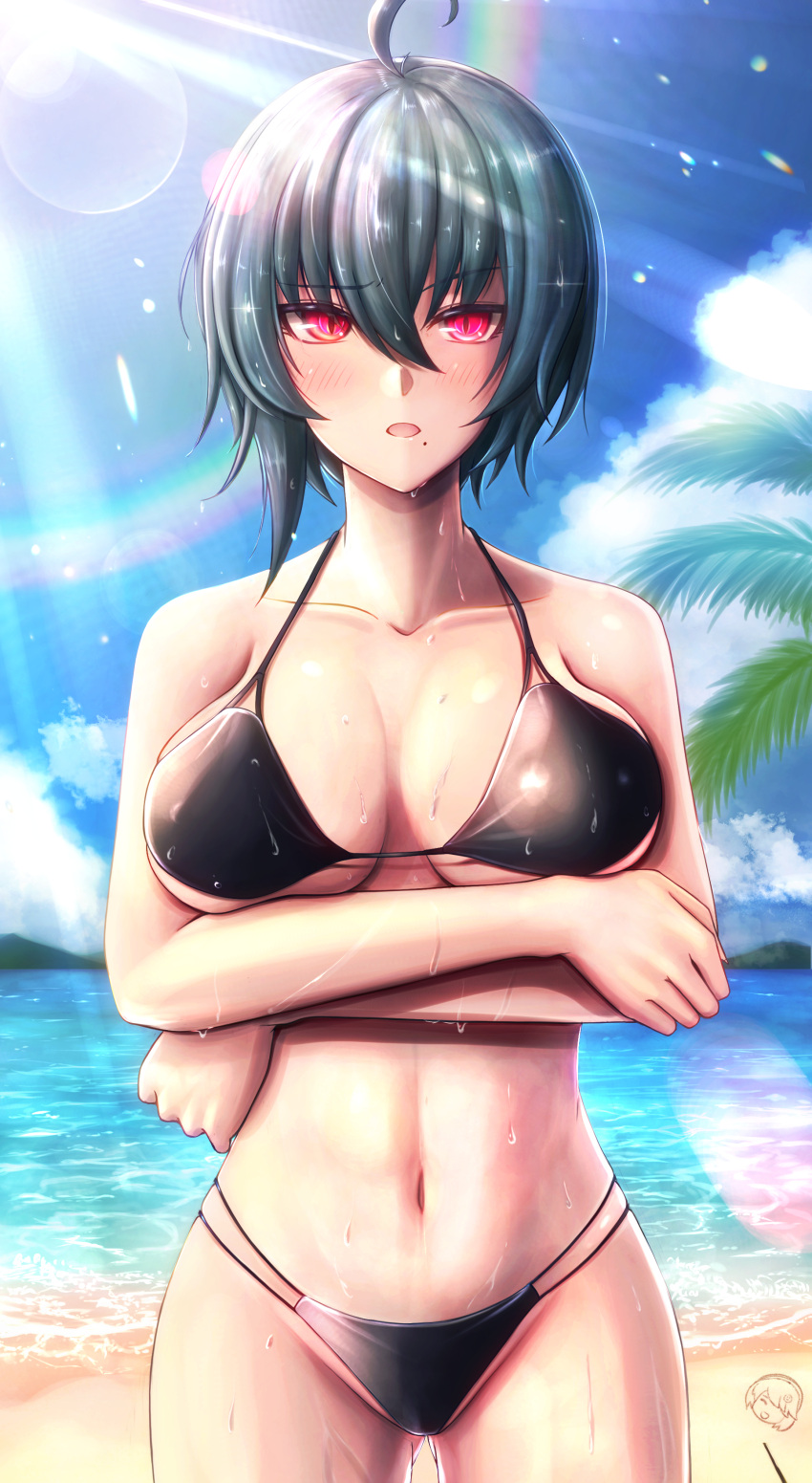 1girl absurdres ahoge arms_under_breasts bangs beach bikini black_bikini black_hair blue_sky breasts cleavage cloud cloudy_sky dead_angels highres honkai_(series) honkai_impact_3rd jacket large_breasts looking_at_viewer mole mole_under_mouth navel open_clothes open_jacket open_mouth outdoors purple_eyes rainbow raven_(honkai_impact) sand short_hair sky solo swimsuit water