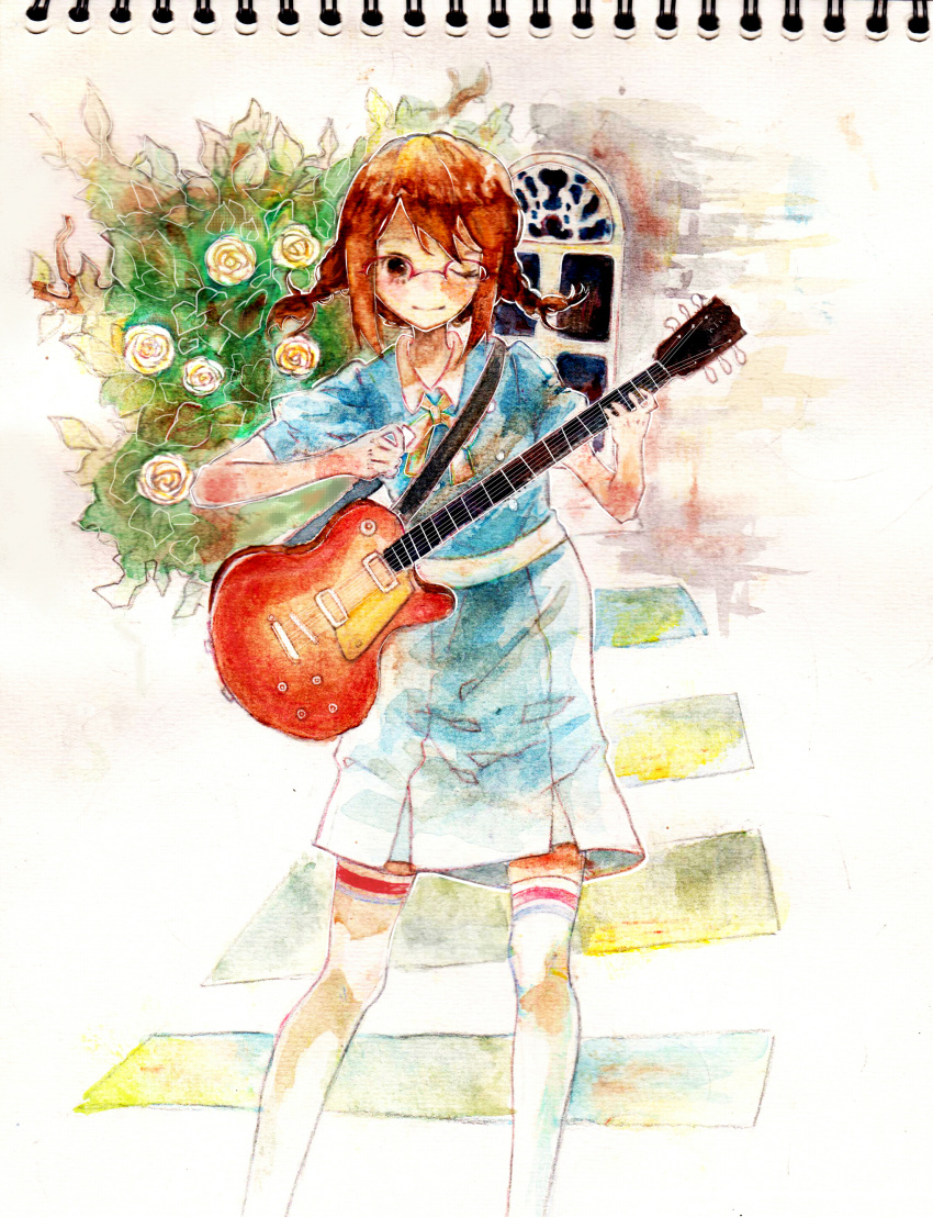 1girl absurdres alternate_costume bangs bespectacled blue_shirt blue_skirt brown_hair casual closed_mouth collar collared_shirt electric_guitar equinox flower gibson_les_paul glasses guitar highres hirasawa_yui holding holding_instrument instrument k-on! leaf one_eye_closed over-kneehighs over-rim_eyewear painting_(medium) parted_bangs photo_(medium) plant puffy_short_sleeves puffy_sleeves red-framed_eyewear ribbon semi-rimless_eyewear shirt short_hair short_sleeves short_twintails skirt smile socks standing thighhighs traditional_media twintails watercolor_(medium) white_background white_collar white_socks window yellow_ribbon