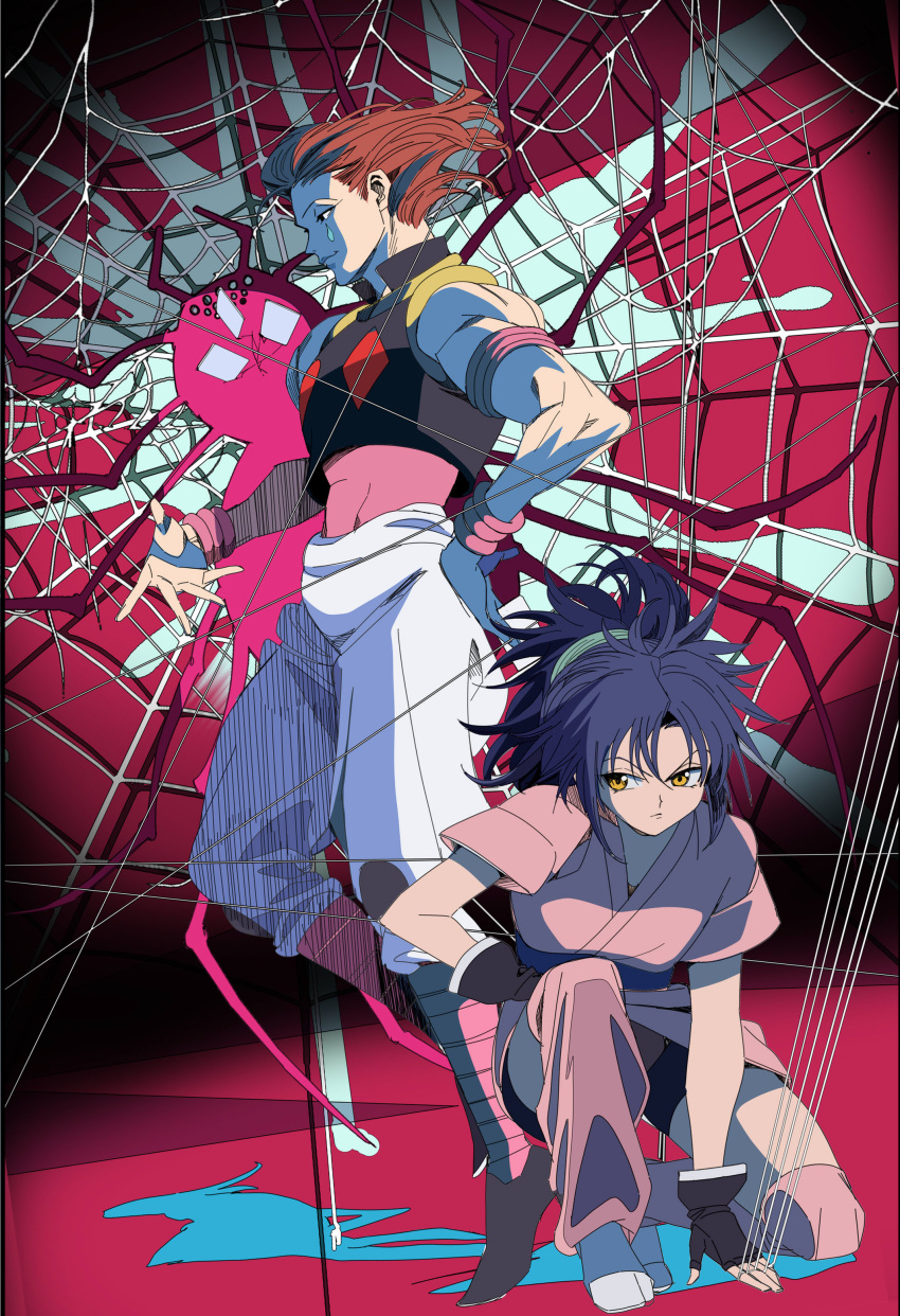 1boy 1girl absurdres bangs bike_shorts black_gloves blue_hair breasts closed_mouth commentary edoya_inuhachi fingerless_gloves full_body gloves highres hisoka_morow hunter_x_hunter long_hair machi_(hunter_x_hunter) ninja one_knee red_hair silk spider_web symbol-only_commentary yellow_eyes