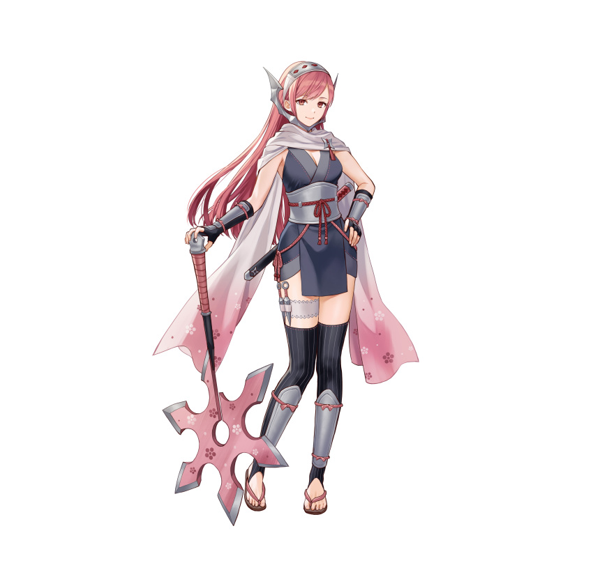 1girl absurdres arm_guards axe bangs bare_shoulders battle_axe breasts cherche_(fire_emblem) cleavage closed_mouth commentary_request elbow_gloves feet fingerless_gloves fire_emblem fire_emblem_awakening fire_emblem_heroes gloves gradient gradient_clothes headgear highres holding holster japanese_clothes kaya8 kodachi kunai legs long_hair looking_at_viewer medium_breasts ninja obi official_art pelvic_curtain pink_eyes pink_hair sand sandals sash scarf sheath sheathed shiny shiny_hair short_sword sleeveless smile solo standing sword thigh_holster thighhighs toeless_legwear toes weapon white_background