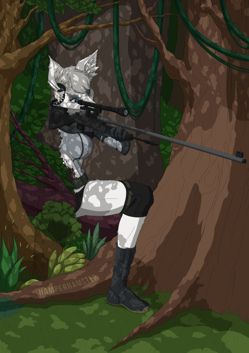 abs absurd_res aiming aiming_weapon anthro bikini bikini_bottom blue_eyes canid canine clothed clothing crouching earpiece fan_character female fox fur gun hamperhamster hi_res invisibility jungle katie_cole konami mammal metal_gear metal_gear_solid_v muscular muscular_female nipple_outline partially_clothed ranged_weapon rifle shadow sniper_rifle solo swimwear video_games weapon white_body white_fur