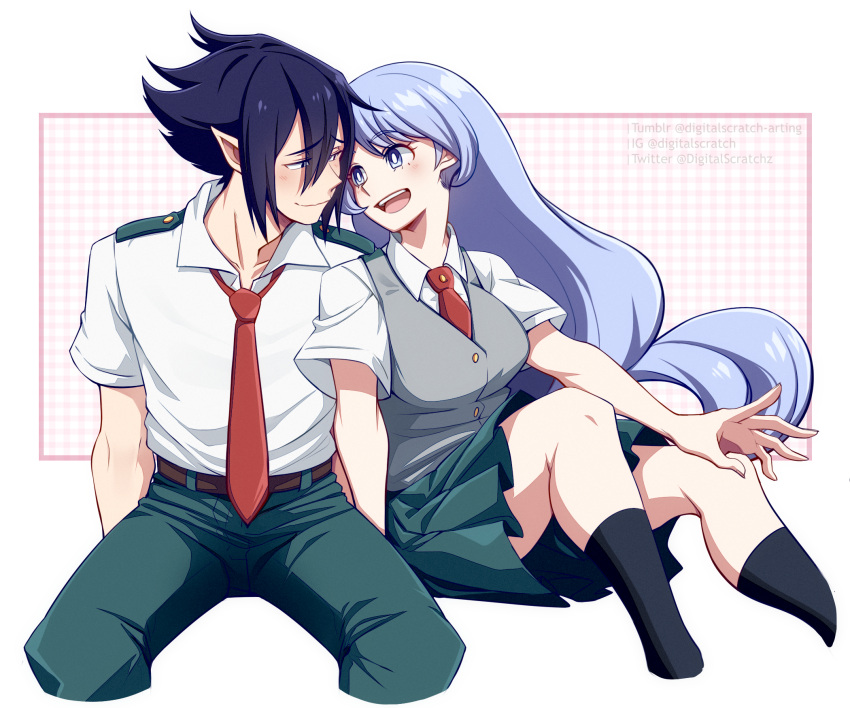 1boy 1girl amajiki_tamaki black_hair blue_eyes blue_hair boku_no_hero_academia closed_mouth collared_shirt couple digitalscratch english_commentary green_pants grey_vest hadou_nejire highres invisible_chair long_hair looking_at_another necktie open_mouth pants pleated_skirt pointy_ears school_uniform shirt short_hair sitting skirt spiked_hair thighhighs u.a._school_uniform very_long_hair vest white_shirt
