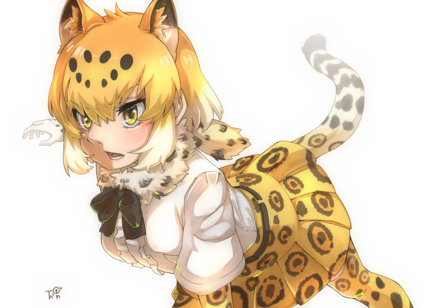 1girl animal_ear_fluff animal_ears black_bow black_bowtie blonde_hair bow bowtie brown_hair center_frills commentary elbow_gloves extra_ears frills fur_collar gloves high-waist_skirt highres jaguar_(kemono_friends) jaguar_ears jaguar_girl jaguar_print jaguar_tail kemono_friends multicolored_hair open_mouth pleated_skirt print_gloves print_legwear print_skirt shirt short_hair short_sleeves simple_background skirt solo tail thighhighs thin_(suzuneya) white_background white_fur white_hair white_shirt yellow_eyes zettai_ryouiki